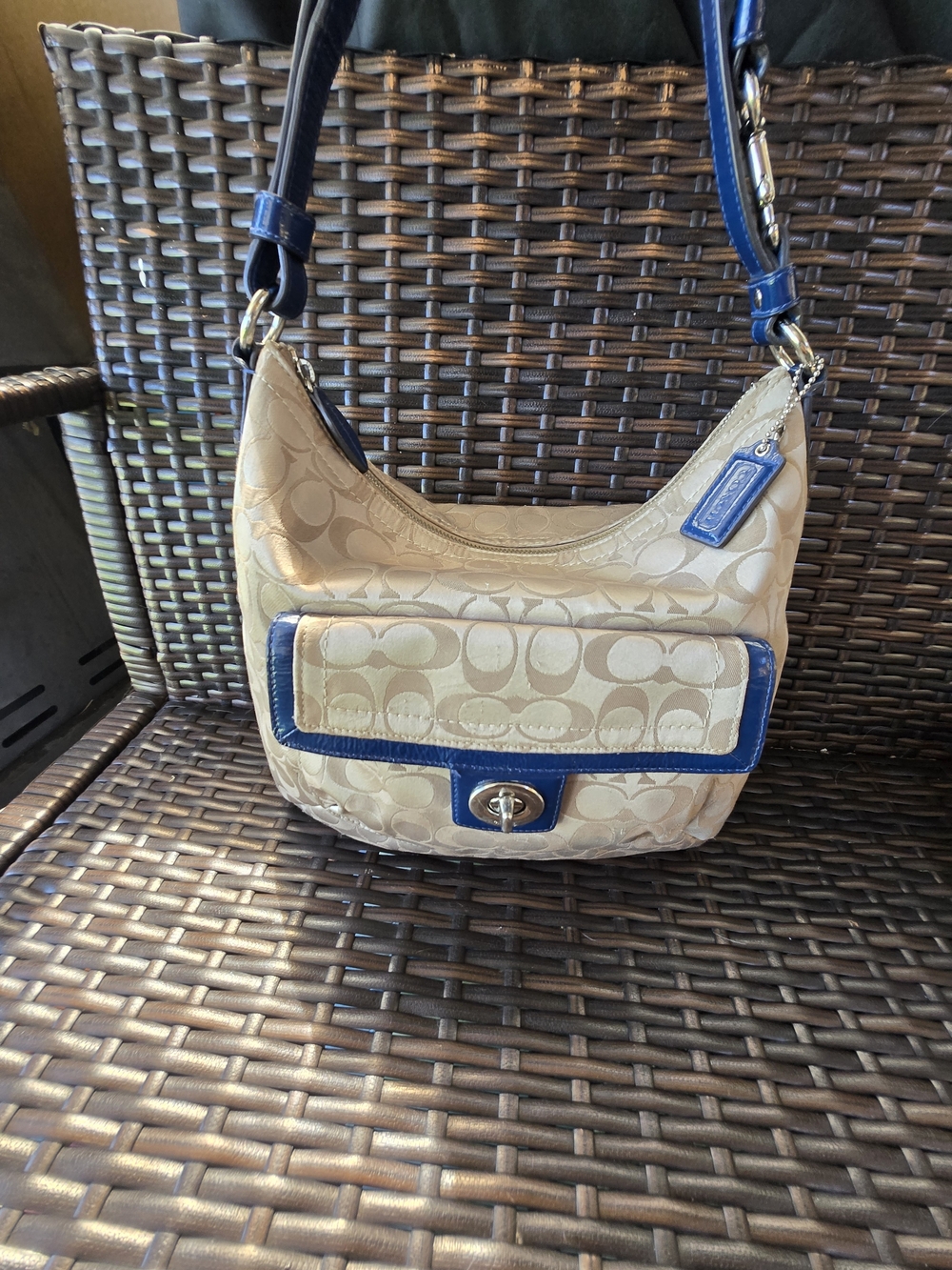 Coach Beige Signature Canvas Shoulder Bag with Navy Trim